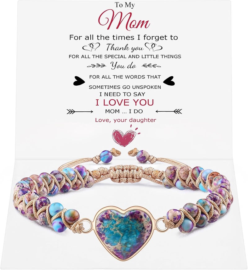 BABORI Jasper Heart Bracelet Adjustable Imperial Stone Beaded Braided Handmade Bracelet for Women Birthday Anniversary Mothers Day Christmas Graduation Jewelry Gifts for Her Mother Daughter - Image 1